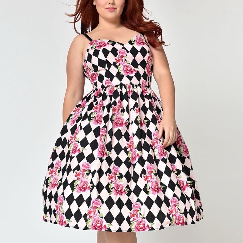 Hell Bunny Pink & Black Harlequin Rose 1950’s Pinup Swing Dress 4X UK22 fits 3X - Picture 5 of 15